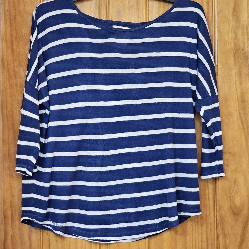 H&M L.O.G.G Navy Royal Blue Stripe 3/4 Sleeve Top, Size M
